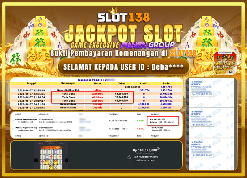 JEBOL! MAHJONG WAYS BAYAR JACKPOT 189 JUTA RUPIAH!